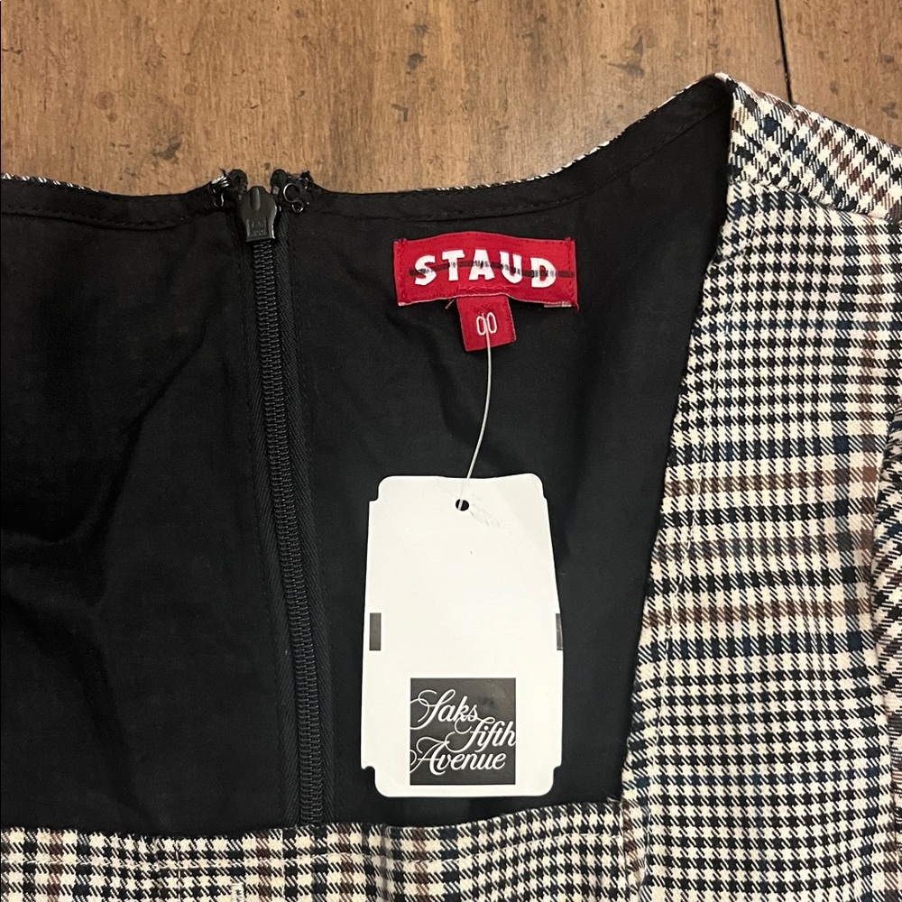 STAUD Black and White Houndstooth Long Sleeve Dress with Brown Leather Pocket - Picture 2 of 4